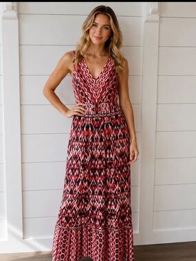 NWT London Times Coral Abstract Print Maxi Dress Size 4 stretch cozy comfort